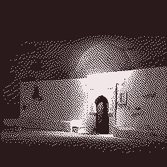 a whitewashed domed building with a blue door at night, dithered